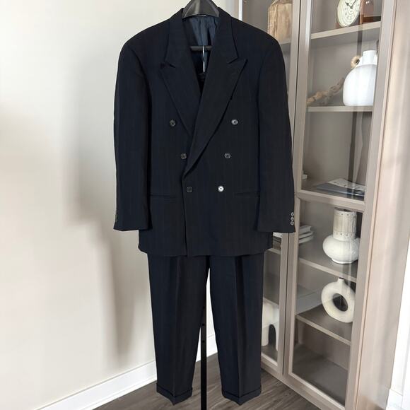 Giorgio Armani Black Wool Pinstripe 2 Pc Suit 40S Double Breasted Jacket Pants - Picture 1 of 11